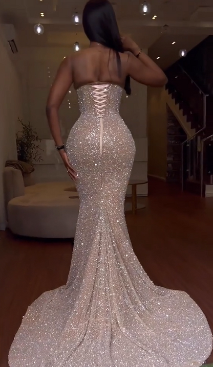 Strapless Long Mermaid Prom Dress Slit with Sequins