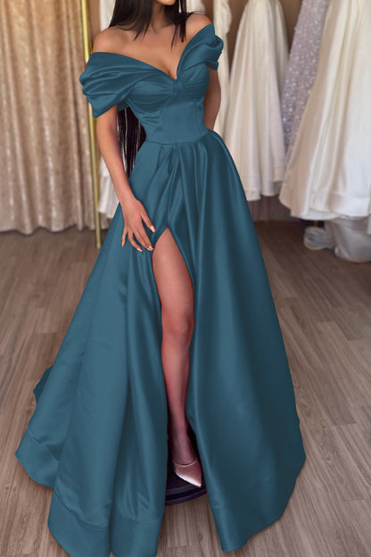 A-Line Fuchsia Portrait Prom Dress With Slit