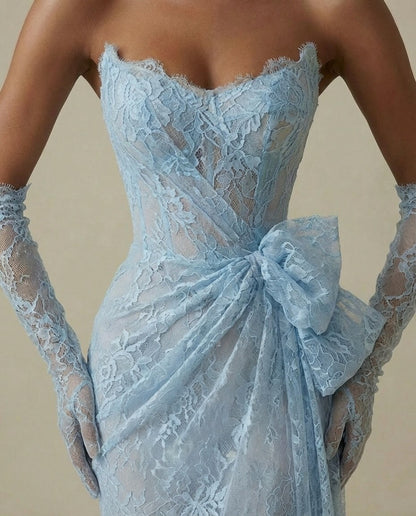 Elegant Sky Blue Sleeveless Mermaid Evening Embroidery Dress With Gloves