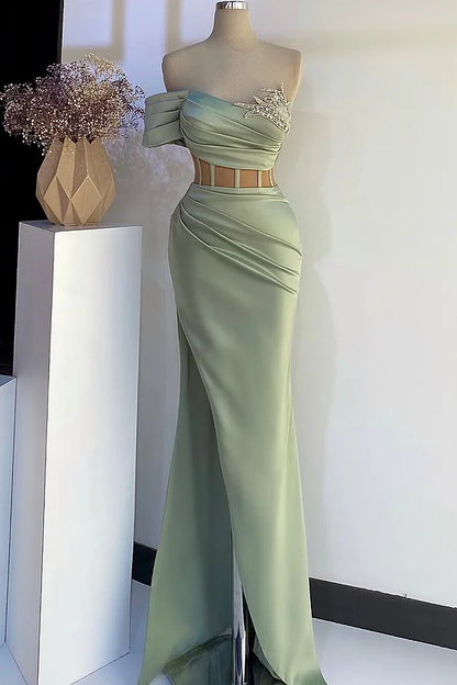 Mint Green Sleeveless Strapless Mermaid Beads Prom Dress