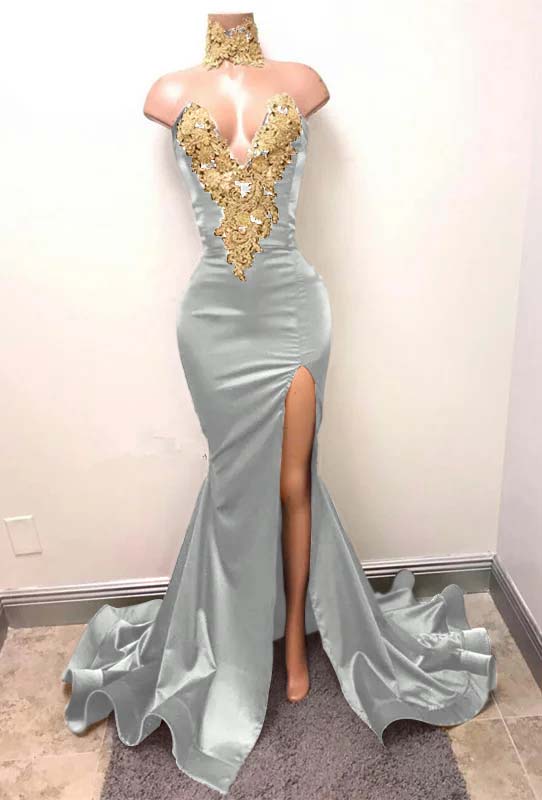 Mermaid Burgundy V-Neck Prom Dress Split With Lace Appliques