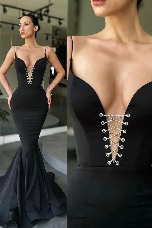 Black Sleeveless Deep V-Neck Spaghetti Straps Mermaid Prom Dress