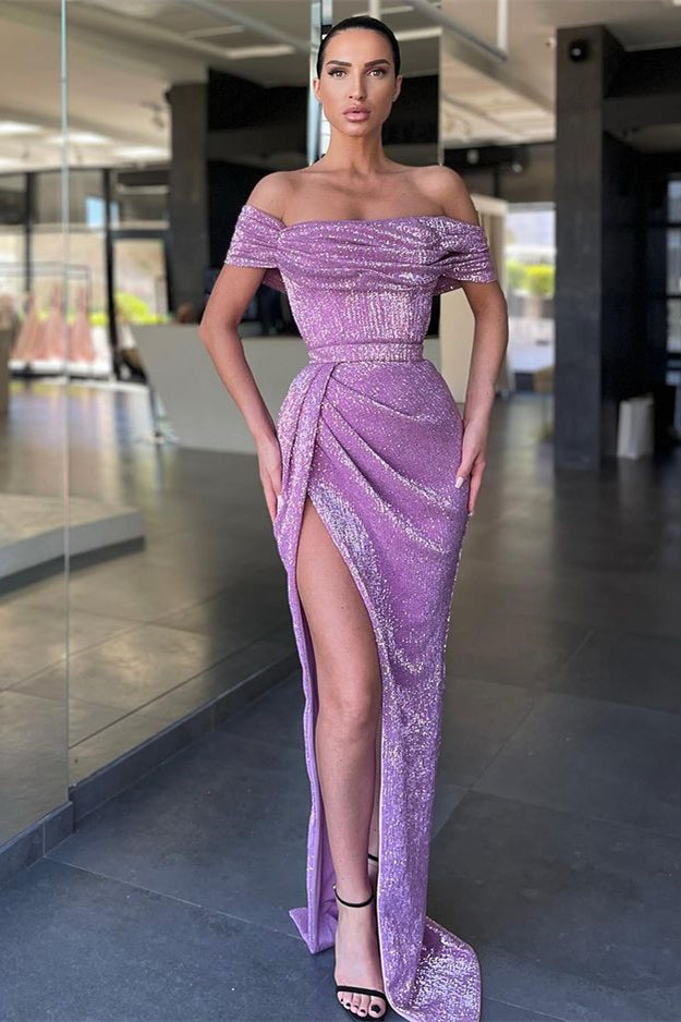 Lilac Off-The-Shoulder Prom Dress Mermaid Split With Sequins