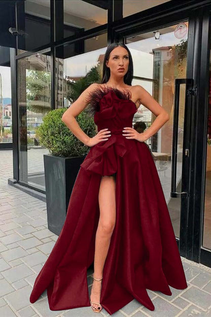 Long Black Prom Dress Slit With Feather