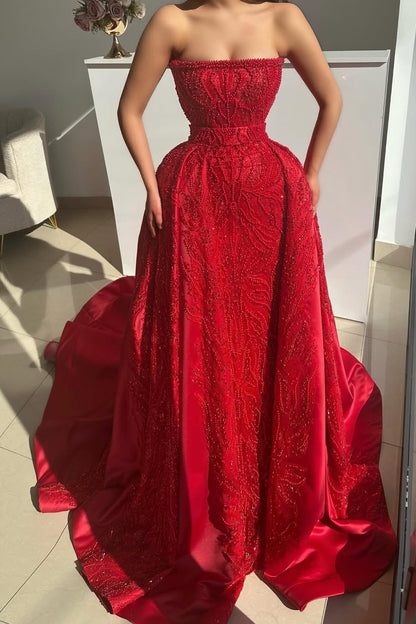 Red Sleeveless Strapless A-Line Mermaid Prom Dress With Beads