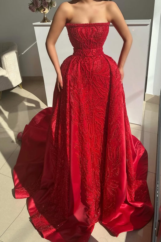 Red Sleeveless Strapless A-Line Mermaid Prom Dress With Beads