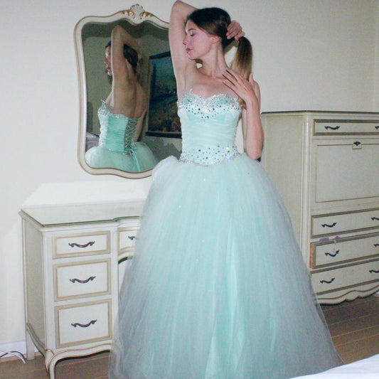 Cute A Line Sweetheart Neck Beaded Blue Satin Tulle Party Dress Evening Dress SH2850