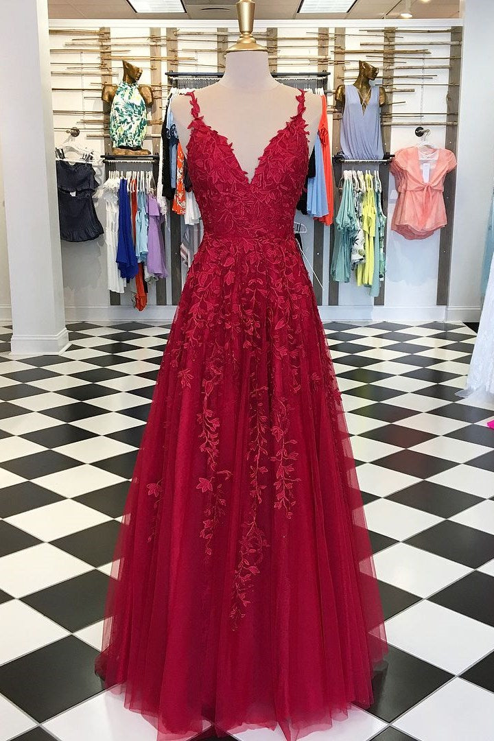 Elegant Spaghetti-Straps A Line Prom Dress V Neck Tulle With Appliques