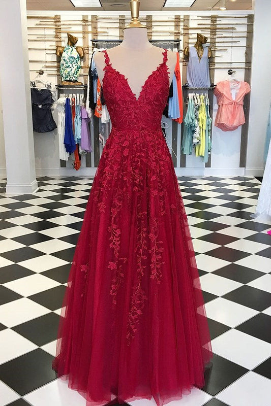 Elegant Spaghetti-Straps A Line Prom Dress V Neck Tulle With Appliques