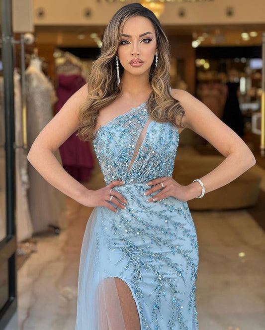 Baby Blue One-Shoulder Mermaid Prom Dress With Slit Sequins
