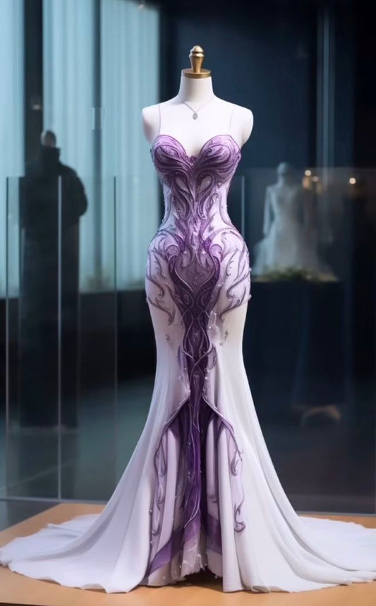 Stunning Mermaid Spaghetti Straps Appliques Purple Chiffon Prom Dress Evening Dress SH2415