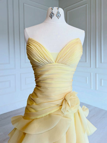 Sleeveless Deep V-Neck A-Line Evening Dress Pleated With Ruffles