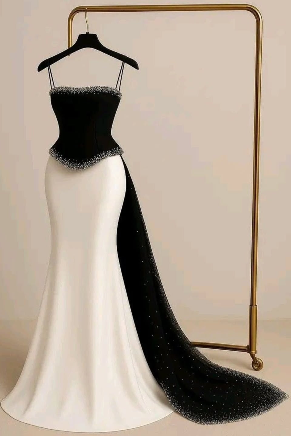 Black And White Sleeveless Spaghetti Straps Mermaid Prom Dress With Beads