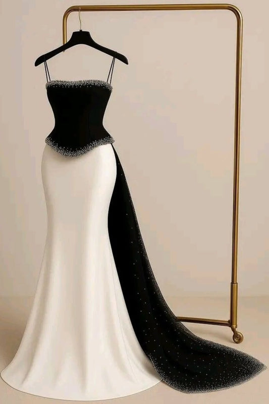 Black And White Sleeveless Spaghetti Straps Mermaid Prom Dress With Beads