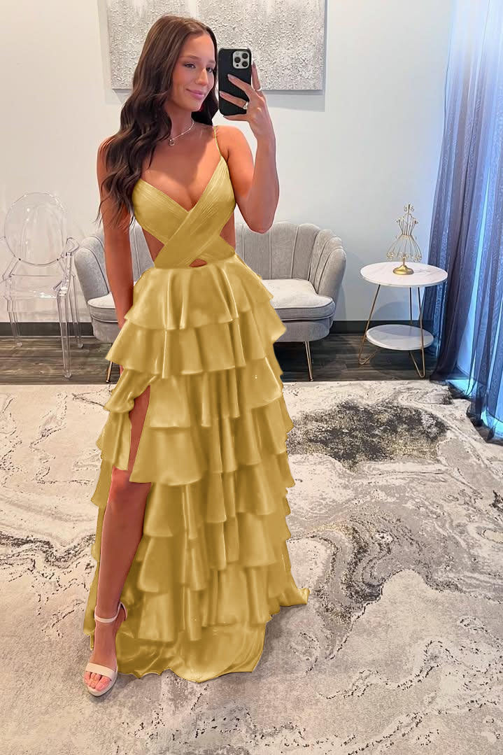 Stunning Red Spaghtti Strap V Neck Sleeveless Split Prom Dress with Ruffles