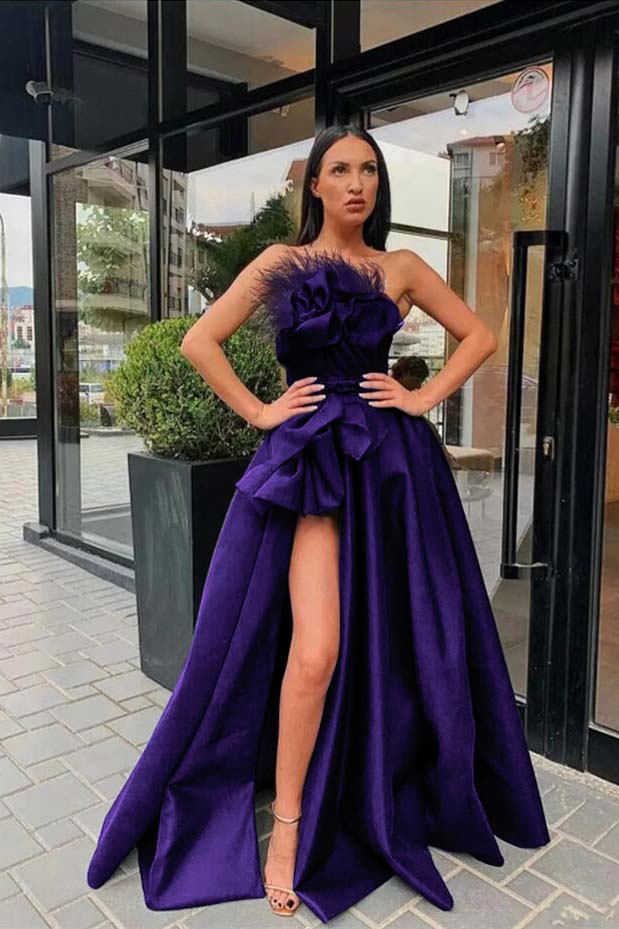 Long Black Prom Dress Slit With Feather