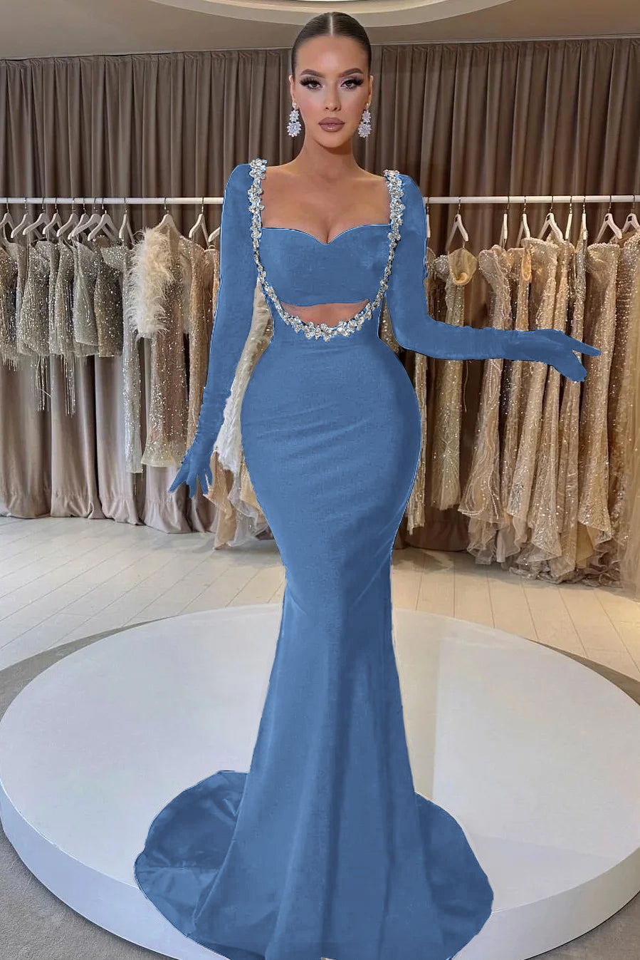Black Long Sleeve Beaded Charming Mermaid Prom Dress With Gloves