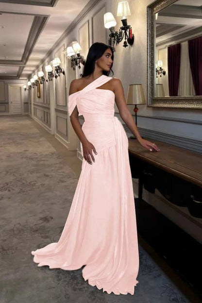 Sleeveless Square One Shoulder Prom Dress With Pleated