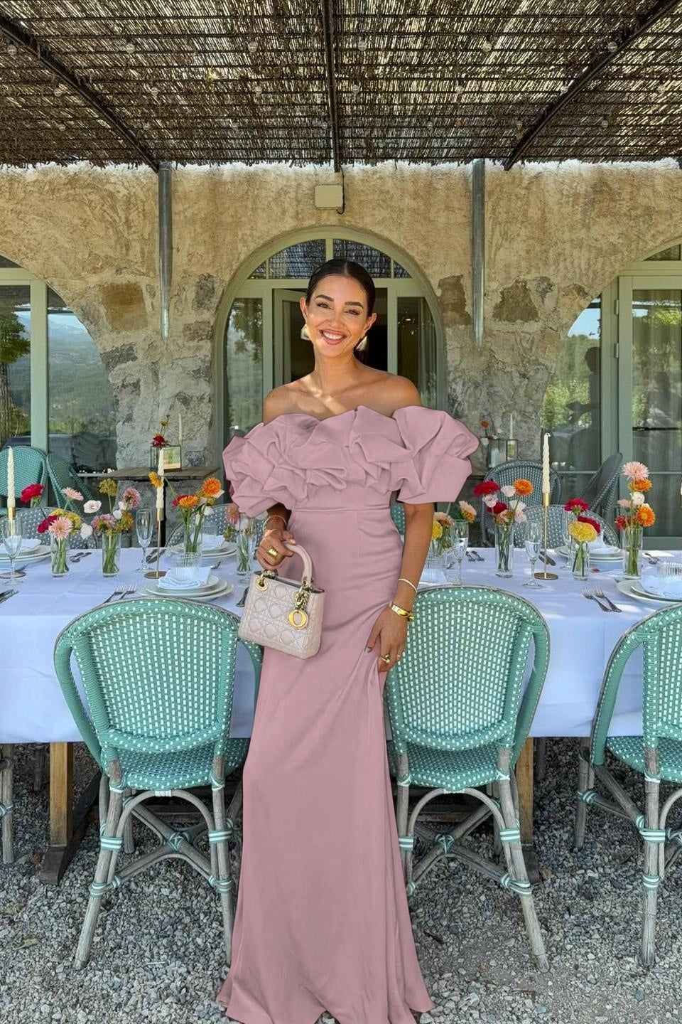 Satin Sleeveless Off-The-Shoulder Long Evening Dress With Pleated