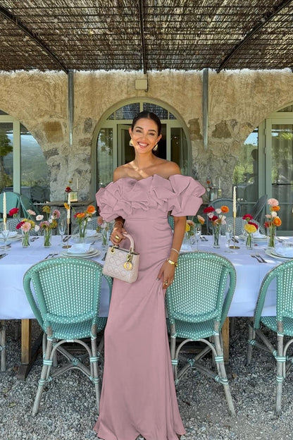 Satin Sleeveless Off-The-Shoulder Long Evening Dress With Pleated