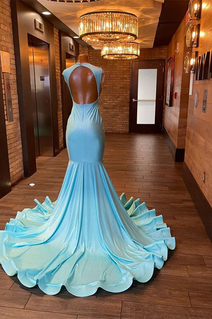 Sleeveless Blue Popular Mermaid Prom Dress Appliques With Beads