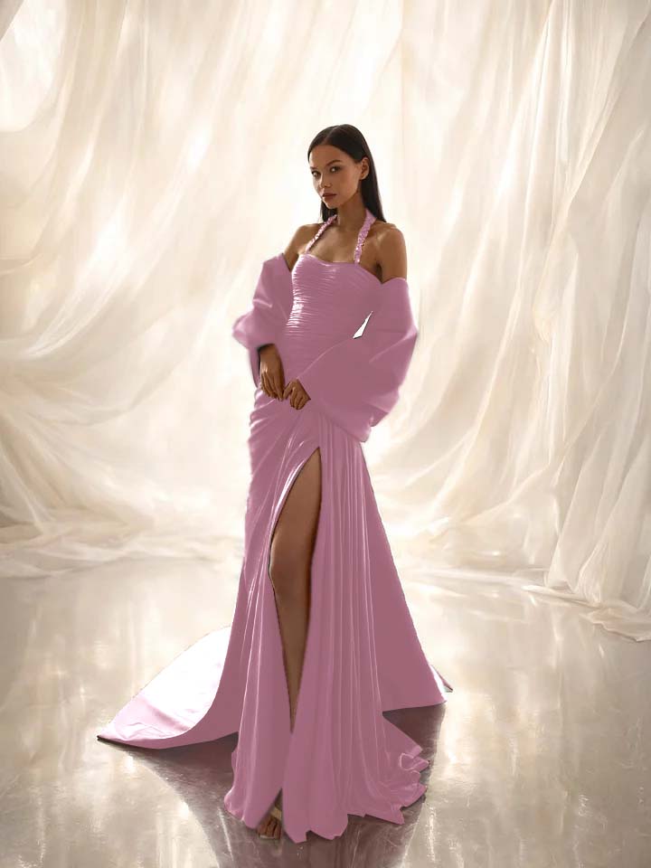 Charming Dark Green Halter Straps Pleated Split Evening Dress With Shawl
