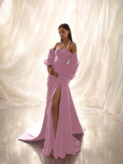 Charming Dark Green Halter Straps Pleated Split Evening Dress With Shawl