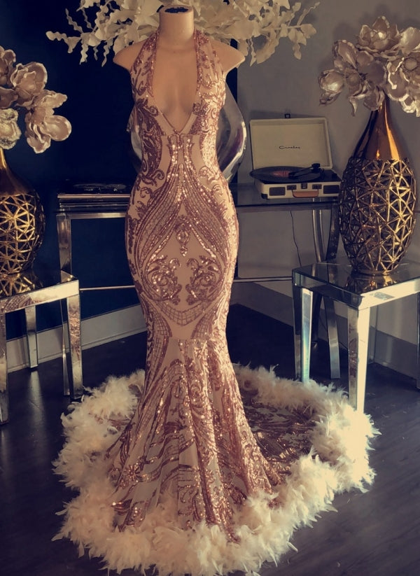 Mermaid Sequins Halter Prom Dress Open Back