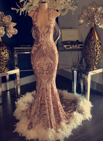 Mermaid Sequins Halter Prom Dress Open Back