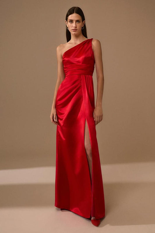 Charming Red Satin One Shoulder Sleeveless Long Pleated Prom Dress with Split