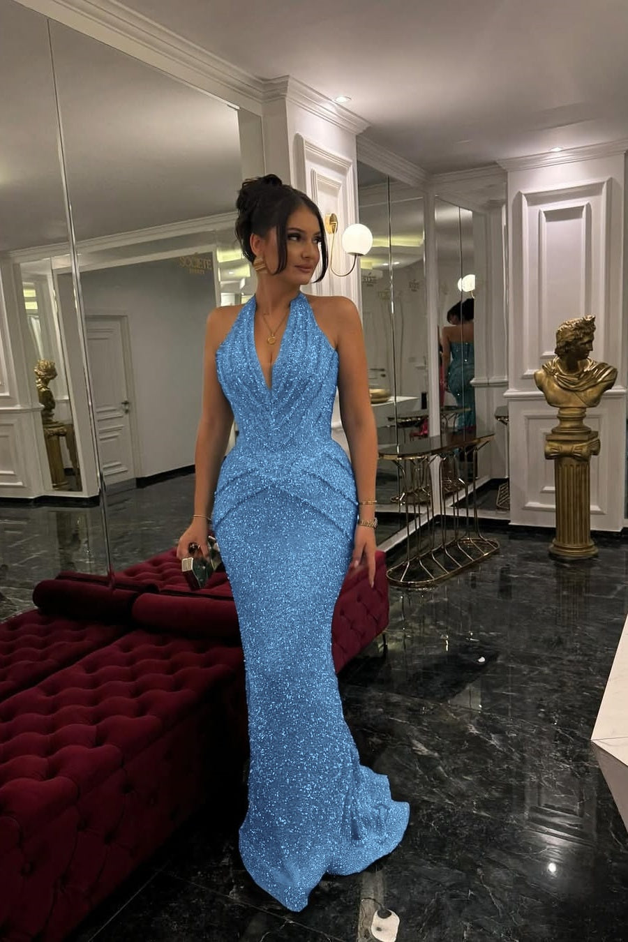 Sleeveless Halter Straps Deep V-Neck Beads Mermaid Prom Dress With Pleated