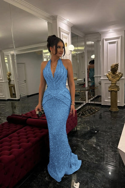 Sleeveless Halter Straps Deep V-Neck Beads Mermaid Prom Dress With Pleated