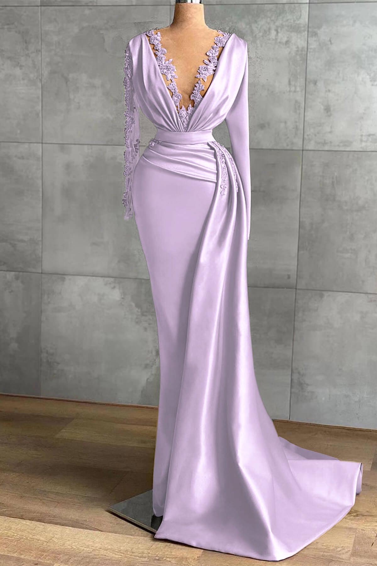 Lavender V Neck Ruffles Prom Dress Applique Mermaid With Long Sleeves