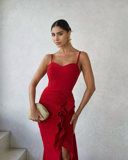 Elegant Red Satin Spaghetti Strap Sleeveless Ruffles Prom Dress with Split