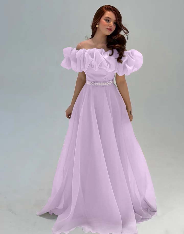 Fashionable Off-The-Shoulder Rhinestone A-Line Tulle Evening Dress