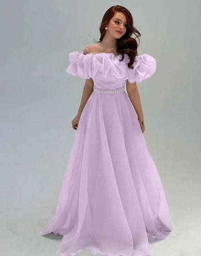 Fashionable Off-The-Shoulder Rhinestone A-Line Tulle Evening Dress
