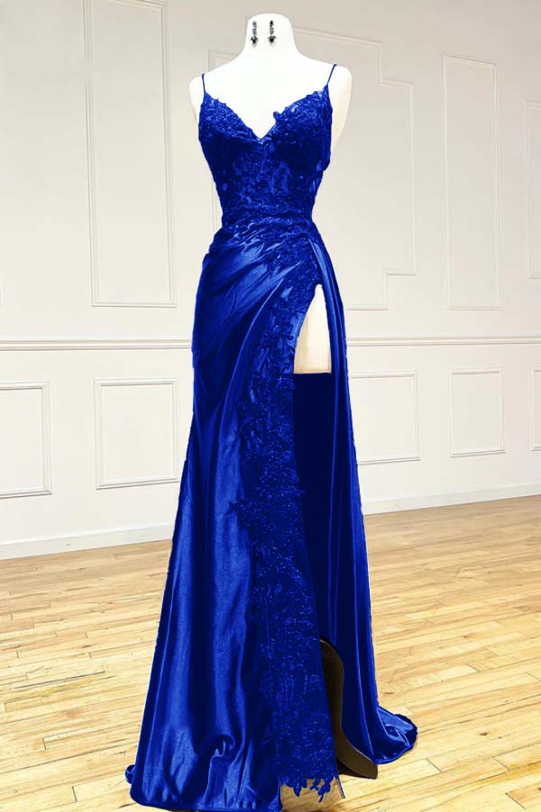 Black V Neck Spaghetti Strap Sleeveless Long Split Prom Dress with Embroidered