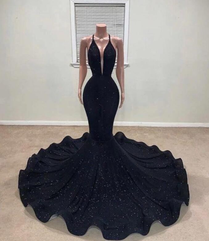 Black Mermaid Halter Prom Dress With Sequins