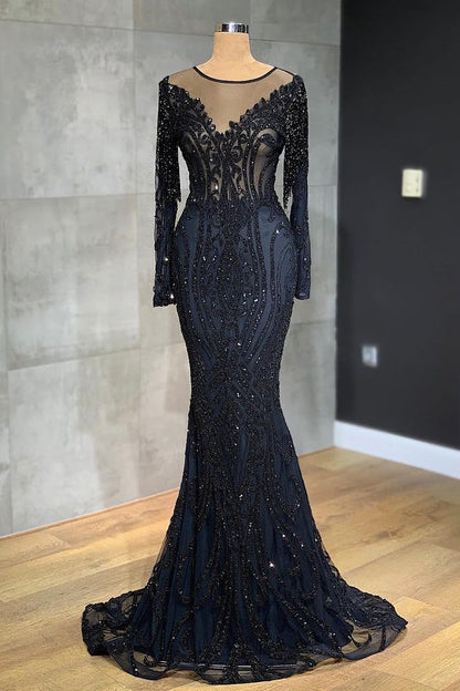 Black Mermaid Evening Dress Long Sleeves With Appliques