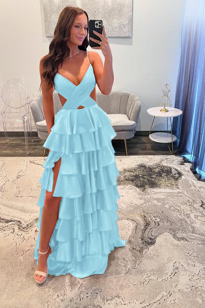 Stunning Red Spaghtti Strap V Neck Sleeveless Split Prom Dress with Ruffles
