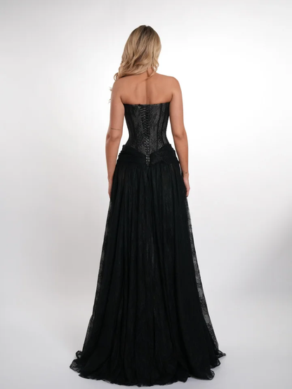 Elegant Black Strapless Evening Dress Sheath Floor Length With Lace