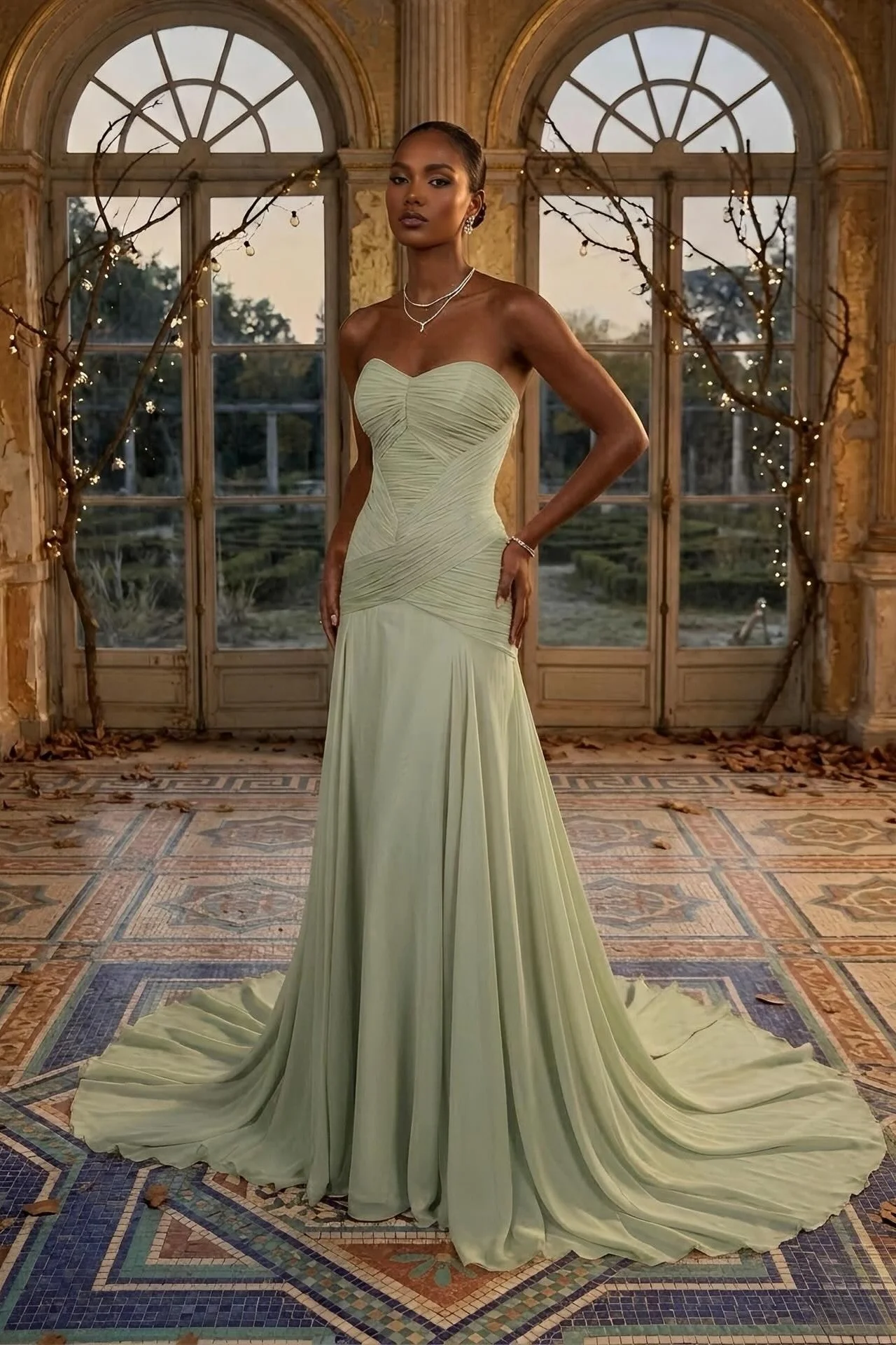 Elegant Dusty Sage Sweetheart Evening Dress in Chiffon with Pleated