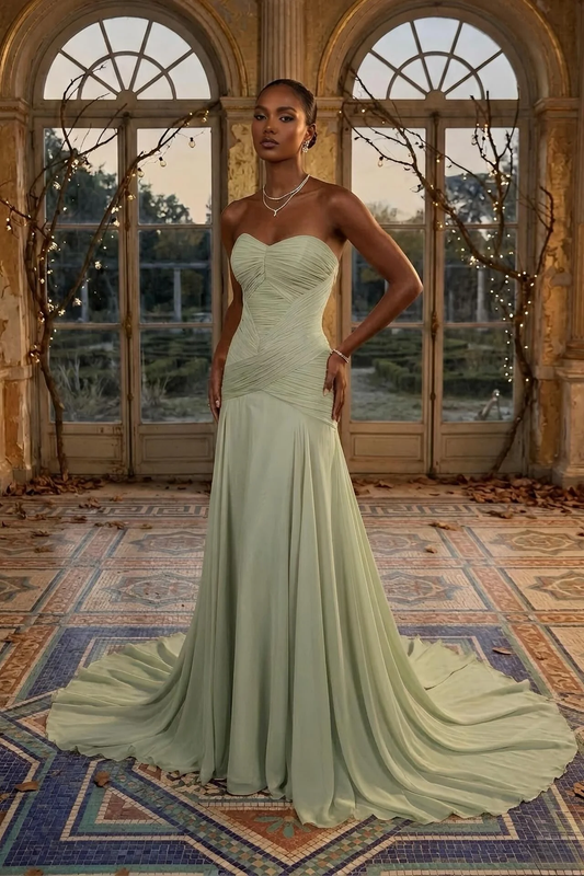 Elegant Dusty Sage Sweetheart Evening Dress in Chiffon with Pleated