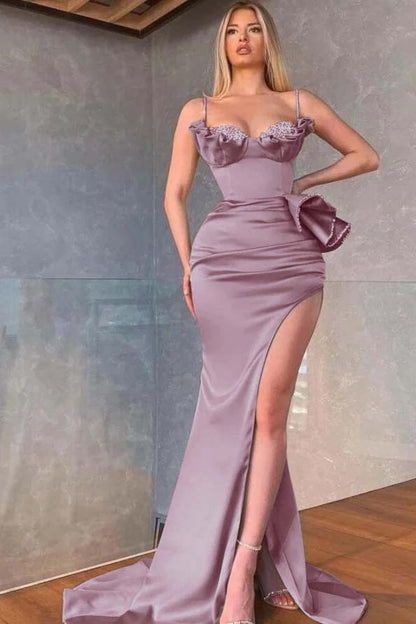 Dusty Sage Spaghetti-Straps Prom Dress Mermaid Split With Beadings Ruffles