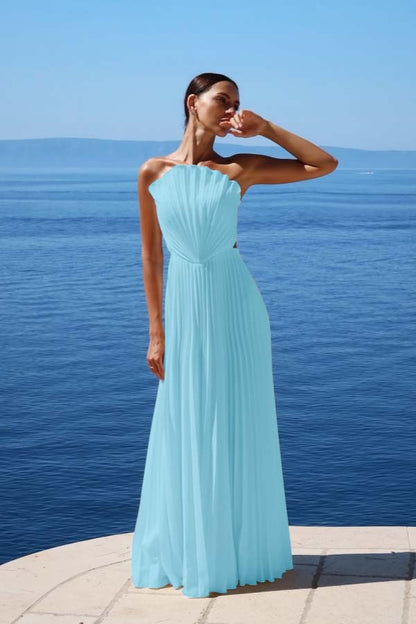 Simple White Sleeveless Strapless Long Prom Dress With Pleated