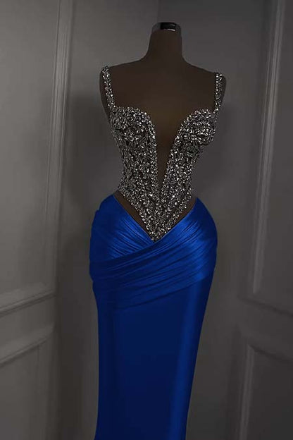 Charming White Satin Spaghetti Strap Sleeveless Pleated Prom Dress with Beadings