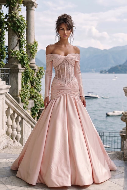 Charming Long Sleeves Square A-Line Pleated Satin Evening Dress