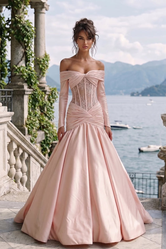 Charming Long Sleeves Square A-Line Pleated Satin Evening Dress