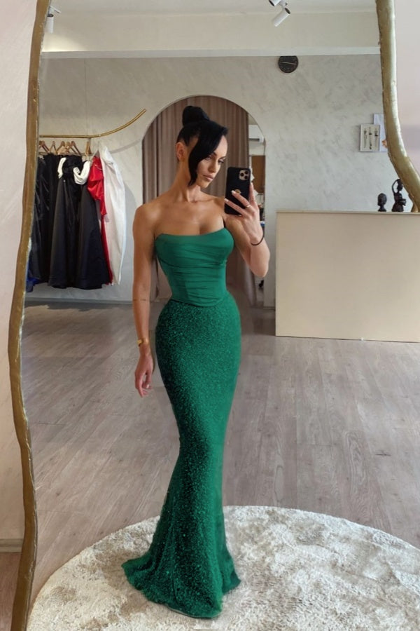 Pink Satin Sequins Spliced Strapless Mermaid Prom Dress