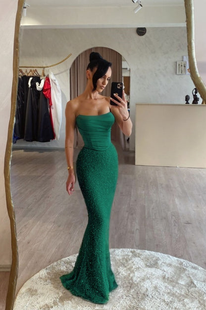 Pink Satin Sequins Spliced Strapless Mermaid Prom Dress
